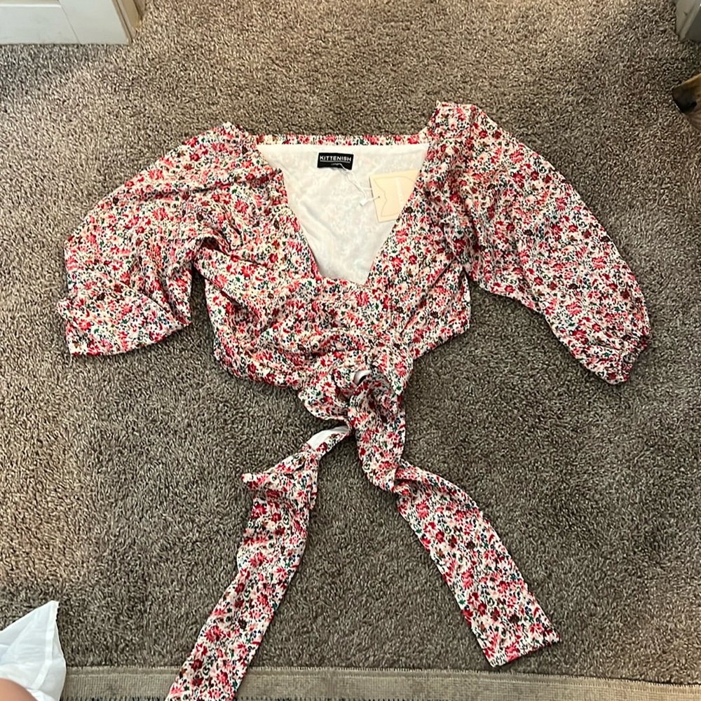 Kittenish crop tie silk top